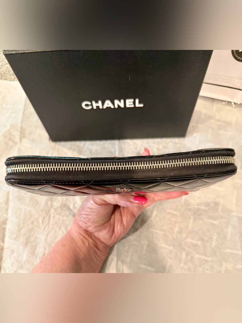 CHANEL Black Quilted Patent Zip-Around Organizer Wallet - Picture 8 of 11